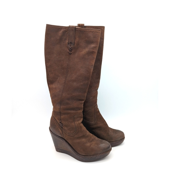 Frye Shoes - Frye Paige Wedge Heel Stitch Leather Tobacco Brown Tall Boots